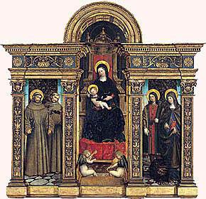 Defendente Ferrari (1480/85-post 1540) e Girolamo Giovenone (1490-1555), Vergine in trono, San Francesco, il Beato Angelo Carletti, 
  Santa Margherita e San Sebastiano (1508-1510), tavola, cm 220x215. Istituto di Belle Arti di Vercelli, in deposito presso il Museo Francesco 
  Borgogna, inv. 56, cat. 1969, no. 29.